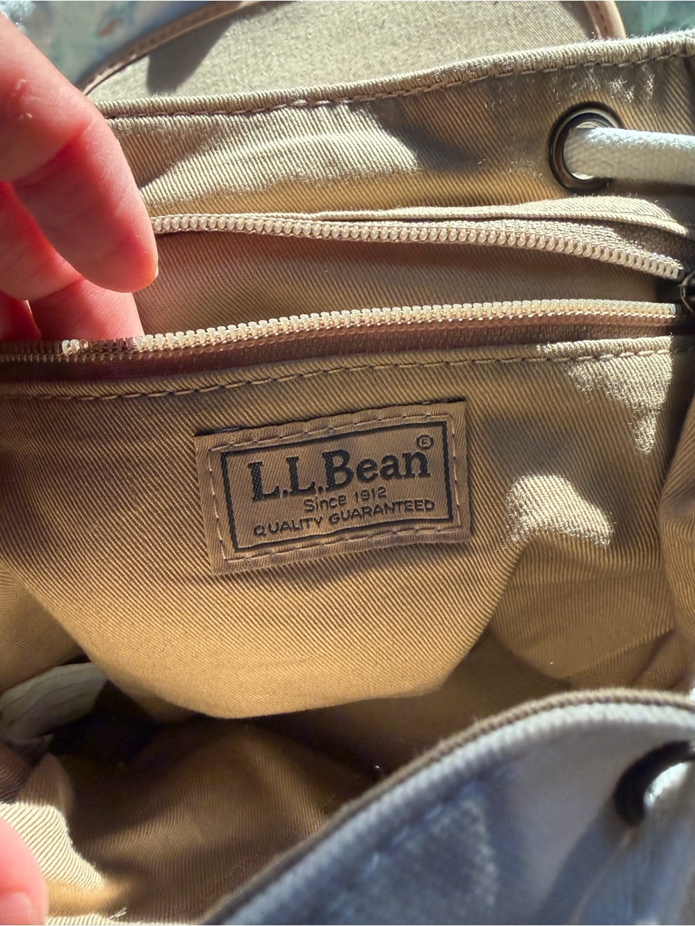 LL Bean Vintage Whale-Print Backpack with Leather Flap - Cream and Tan - Picture 6 of 10